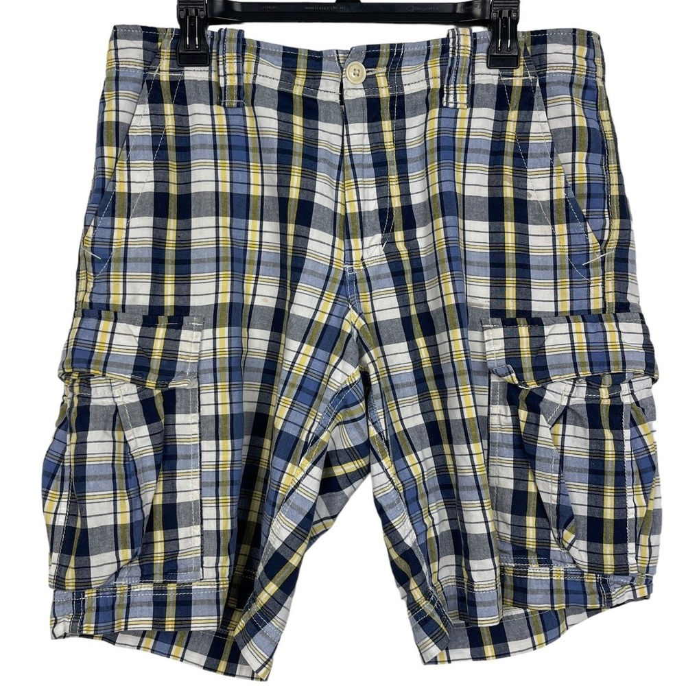 Vintage Polo Jeans Company CARDGO MADRAS Mens 32‎ Cotton Shorts Blue Plaid *Read
